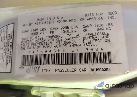 2001 Mitsubishi Galant Es V6/Gtz z USA, uszkodzony, nr VIN 4A3AA46H51E119024